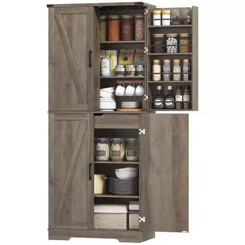 72 Inch Kitchen Pantry Cabinet, Farmhouse Storage with 4 Doors, Drawer, Grey