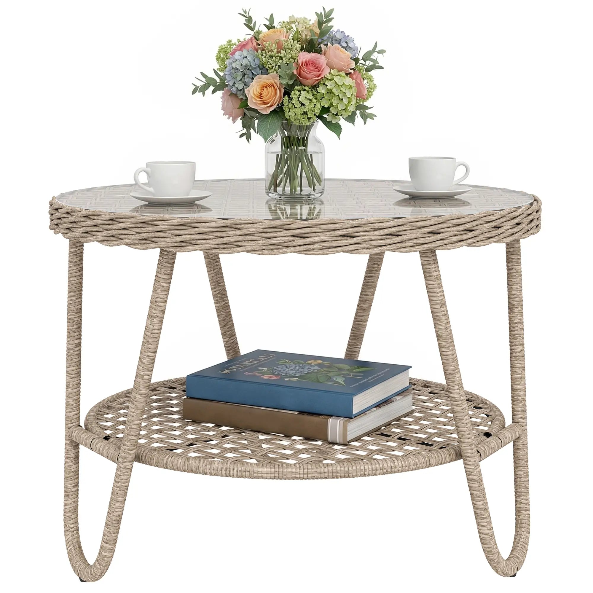 Rattan Outdoor Coffee Table, 2-Tier Small Garden Side Table, Tempered Glass Top Patio Side Tables at Gallery Canada