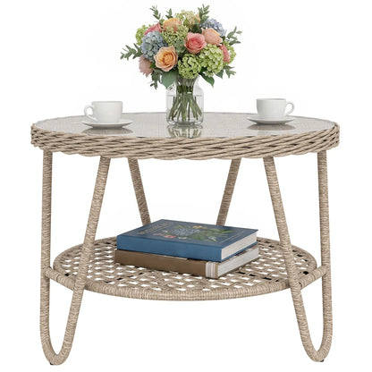 Rattan Outdoor Coffee Table, 2-Tier Small Garden Side Table, Tempered Glass Top Patio Side Tables at Gallery Canada