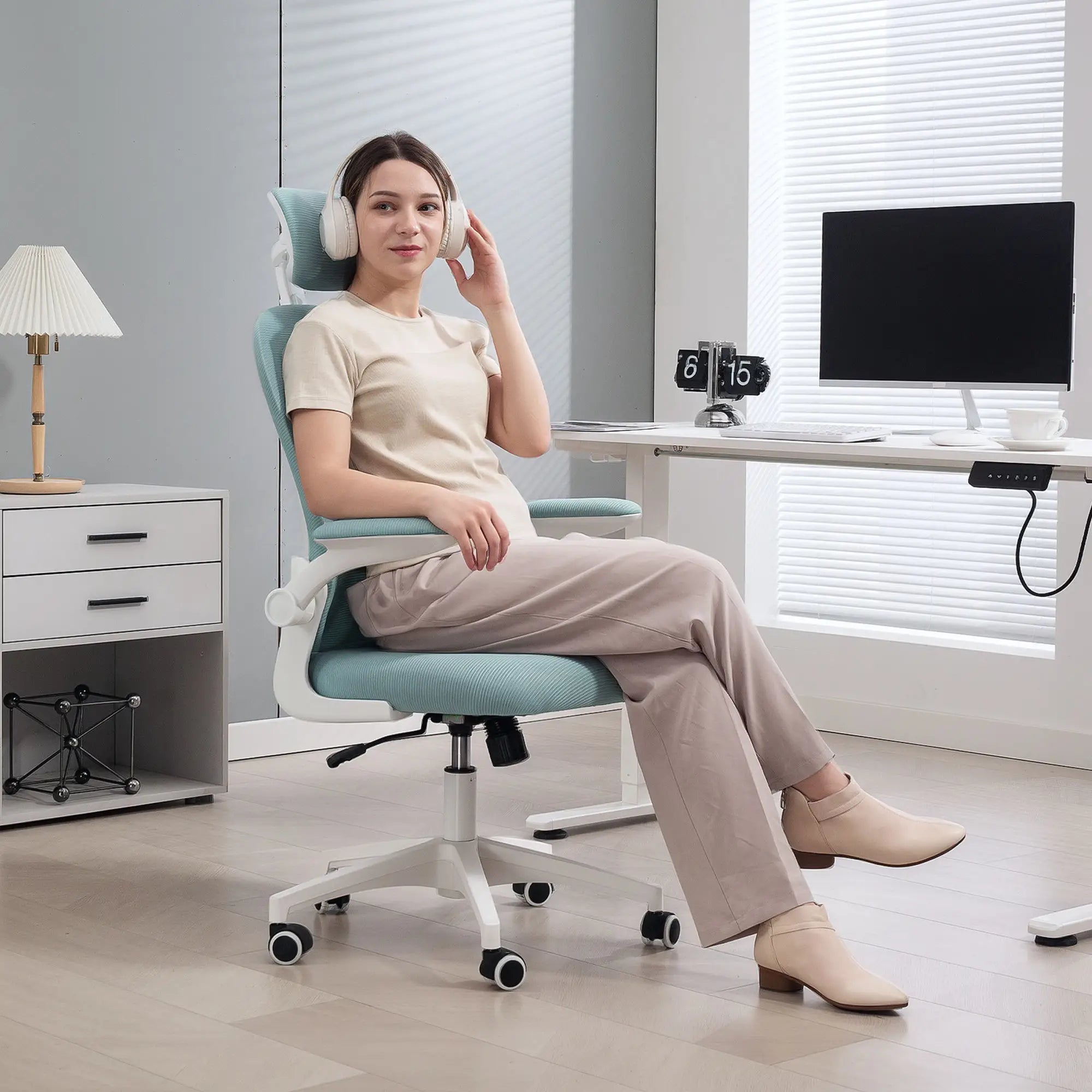 Mesh Office Chair, Adjustable Headrest, 4D Lumbar Support, Flip-Up Arm, Light Green Task Chairs at Gallery Canada