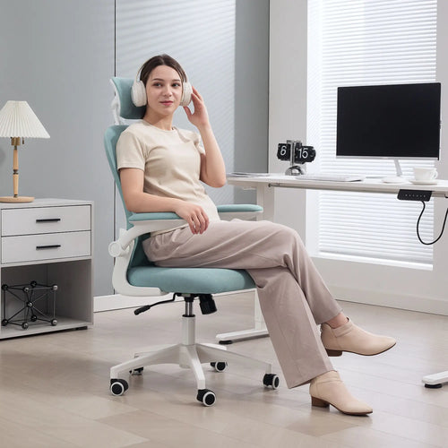 Mesh Office Chair, Adjustable Headrest, 4D Lumbar Support, Flip-Up Arm, Light Green