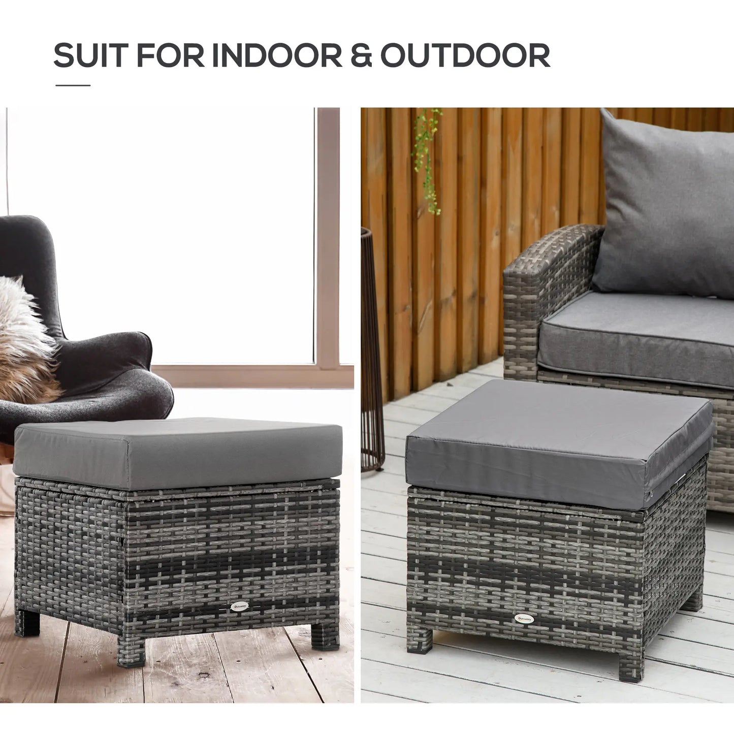 Patio Rattan Ottoman, Outdoor Wicker Footrest with Cushion, Metal Frame, Grey Patio Furniture Sets at Gallery Canada