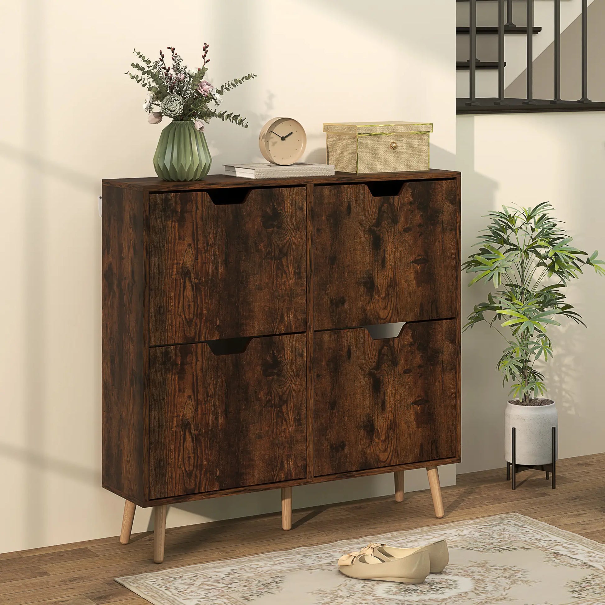 Shoe Storage Cabinet, 4 Flip Drawers, Adjustable Shelf, Holds 8-16 Pairs, Rustic Brown Shoe Storage Cabinets & Racks at Gallery Canada
