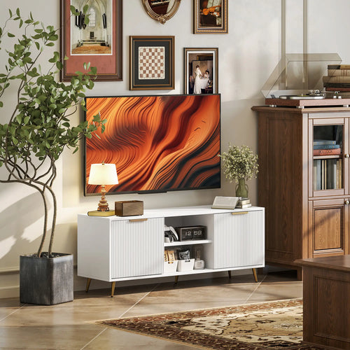 TV Stand for 55 Inch TV, Modern Cabinet with 2 Shelves, 2 Cabinets, White