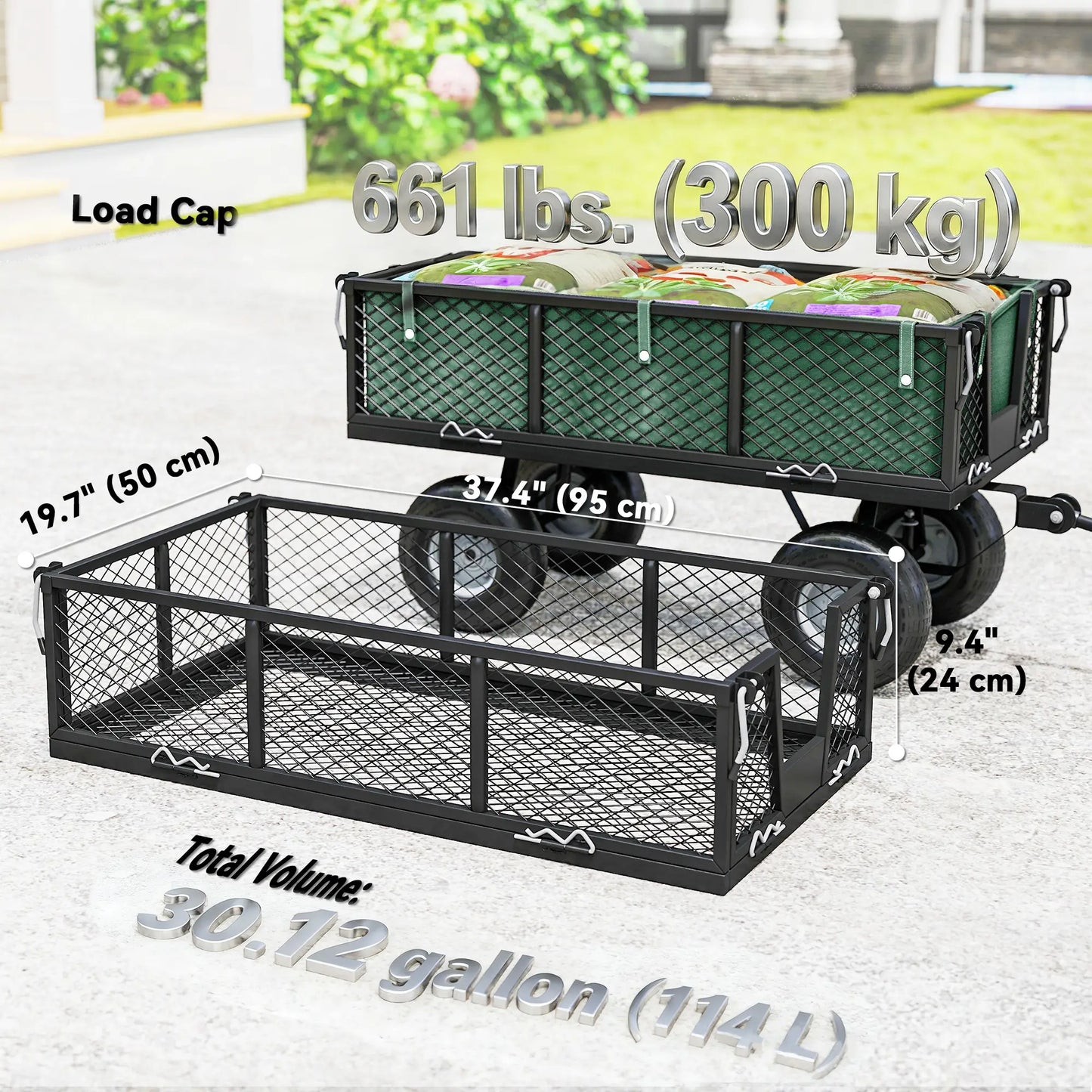 Steel Garden Cart, Removable Liner, Quick-Release Sides, 10" Wheels, 660lbs, Green