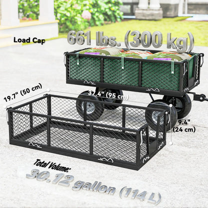 Steel Garden Cart, Removable Liner, Quick-Release Sides, 10" Wheels, 660lbs, Green