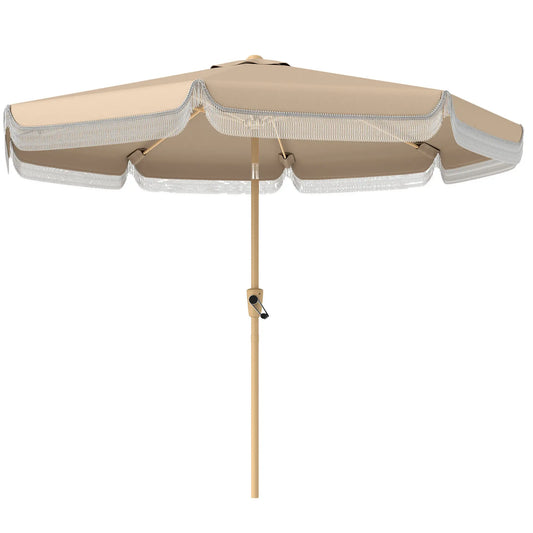 9 ft Patio Umbrella, Push Button Tilt Crank, Fringed Outdoor Market Table, Khaki Sun Umbrellas Khaki at Gallery Canada
