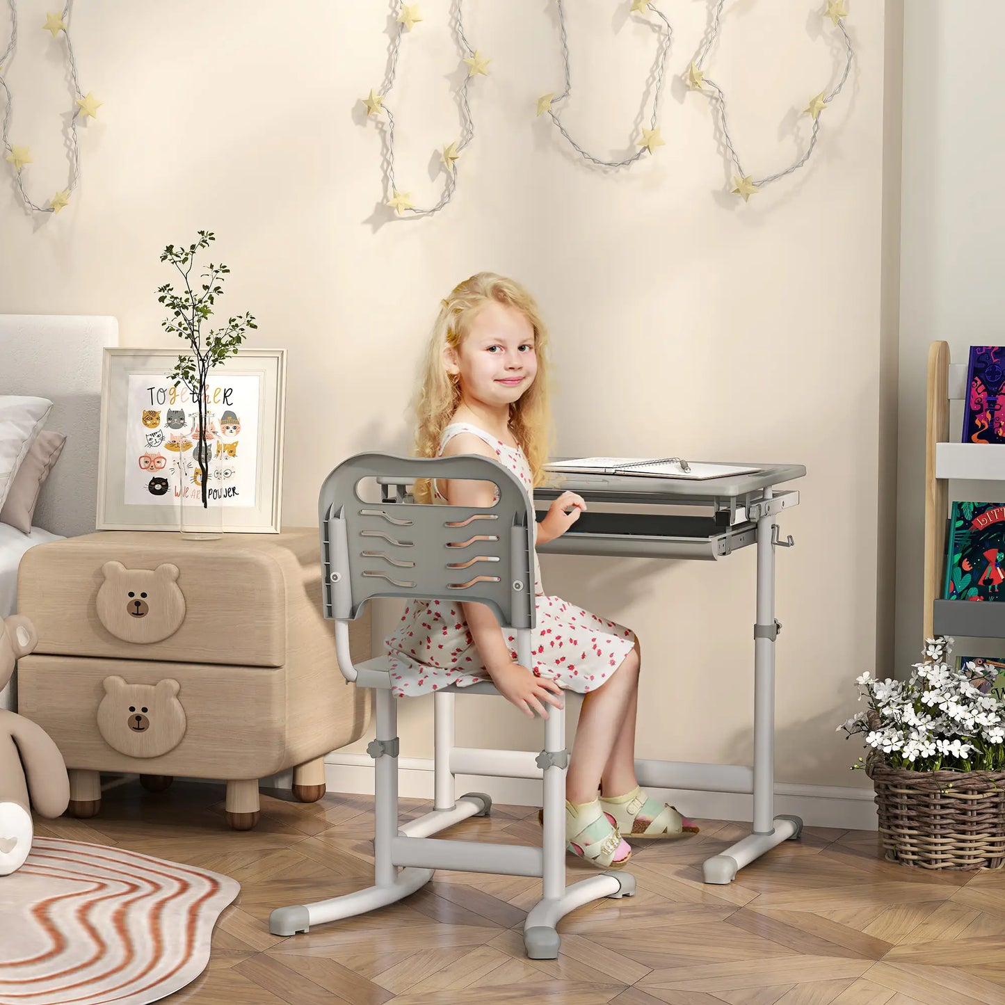 Adjustable Study Table and Chair Set, Drawer, Pen Slot, Grey Kids Desk Sets at Gallery Canada