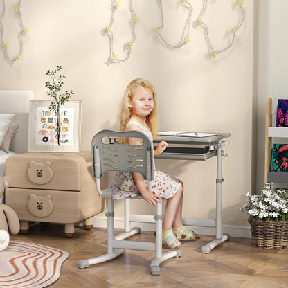 Adjustable Study Table and Chair Set, Drawer, Pen Slot, Grey Kids Desk Sets at Gallery Canada