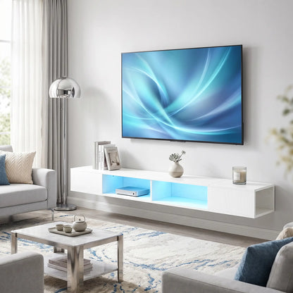 TV Stand with RGB LED Lights, Entertainment Center with Open Shelves for 75 Inch TV, White TV Stands at Gallery Canada
