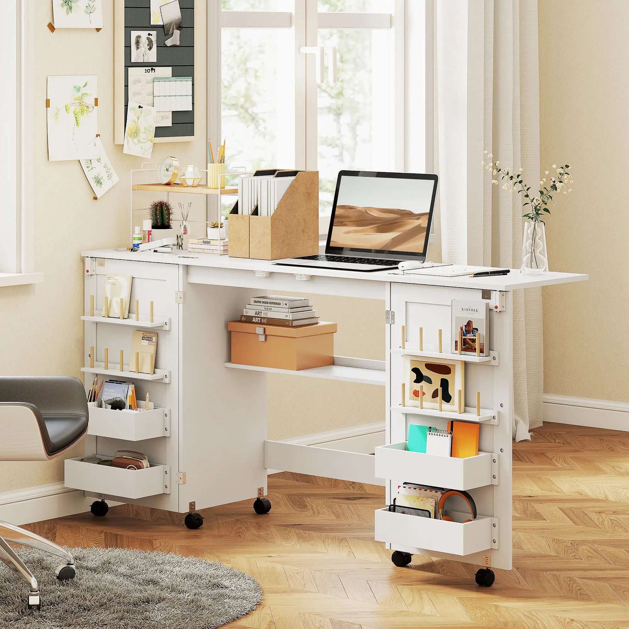 Folding Craft Table, Rolling Sewing Machine Table, Storage Shelf, White Sewing Cabinets at Gallery Canada