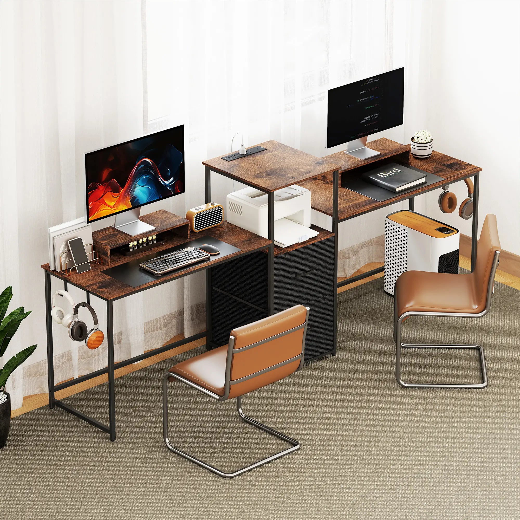 96 Inch Gaming Desk, Dual Computer Desk, Rustic Brown, Brown Gaming Desks at Gallery Canada