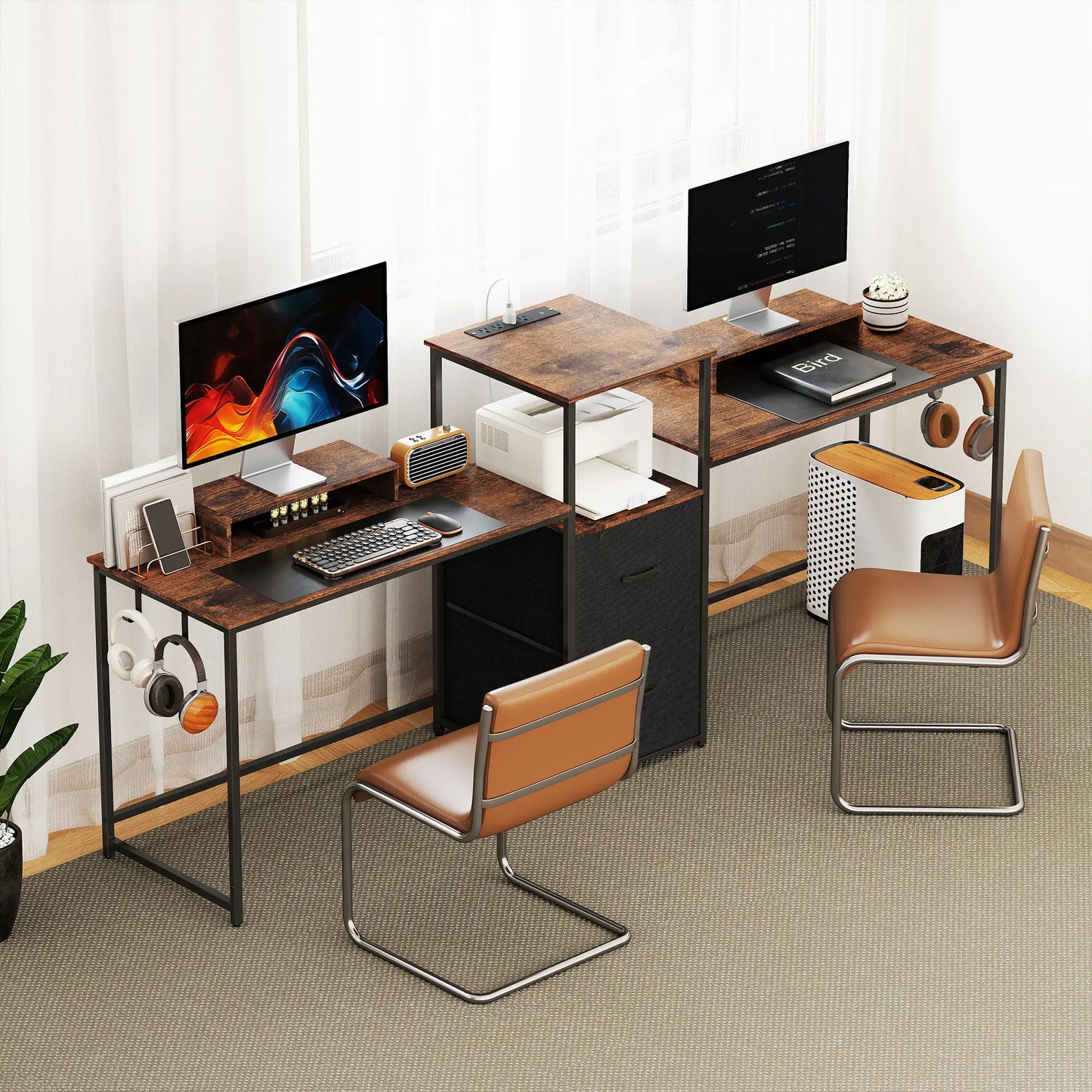 96 Inch Gaming Desk, Dual Computer Desk, Rustic Brown, Brown Gaming Desks at Gallery Canada