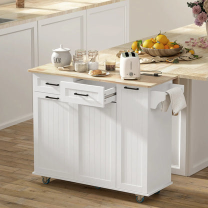 Kitchen Island on Wheels, Wood Drop Leaf, Charging Station, Adjustable Shelf, White Kitchen Islands & Kitchen Carts at Gallery Canada