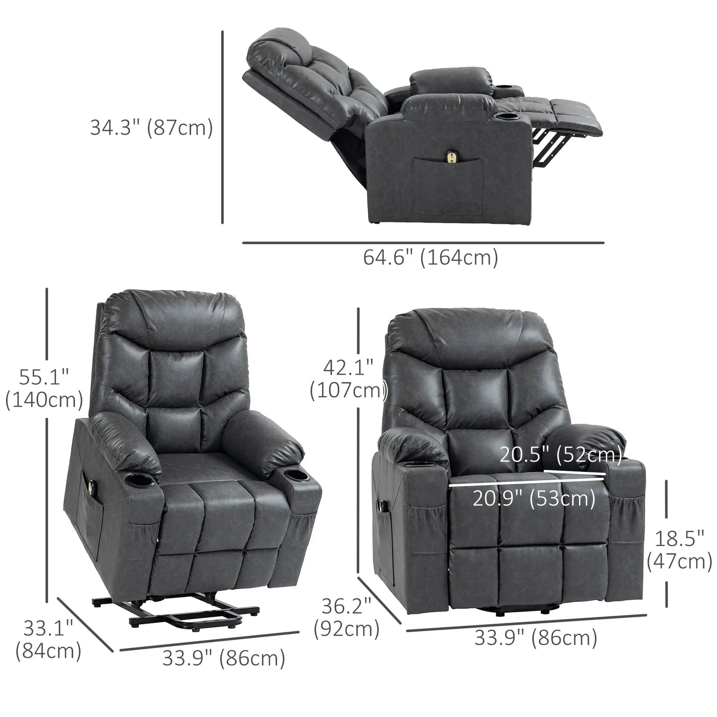 Electric Recliner Chair, PU Leather, Quick Assembly, Remote, Grey Sofas & Reclining Chairs at Gallery Canada
