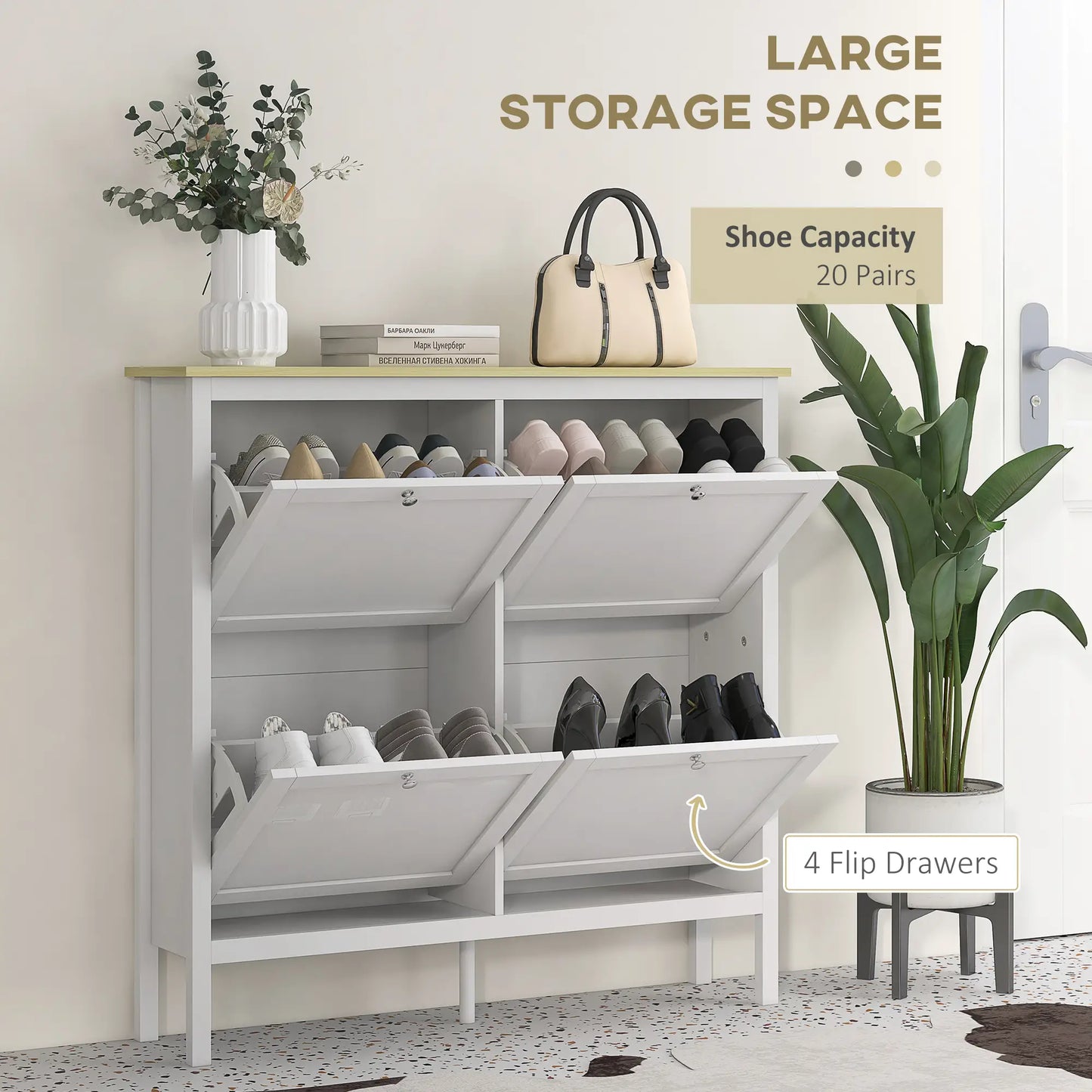 Shoe Storage Cabinet, 4 Flip Drawers, Adjustable Shelves, Holds 20 Pairs, White Shoe Storage Cabinets & Racks at Gallery Canada