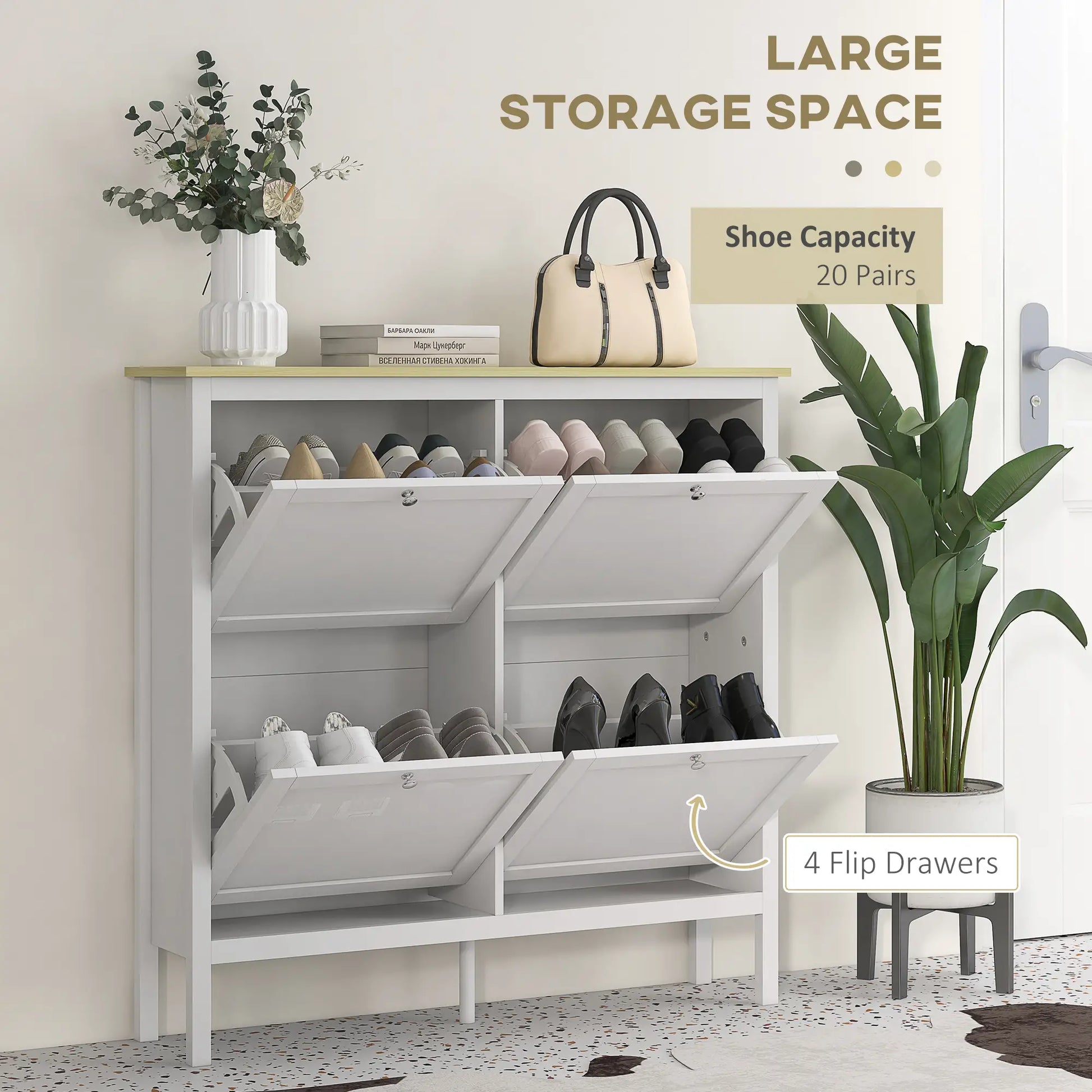 Shoe Storage Cabinet, 4 Flip Drawers, Adjustable Shelves, Holds 20 Pairs, White Shoe Storage Cabinets & Racks at Gallery Canada