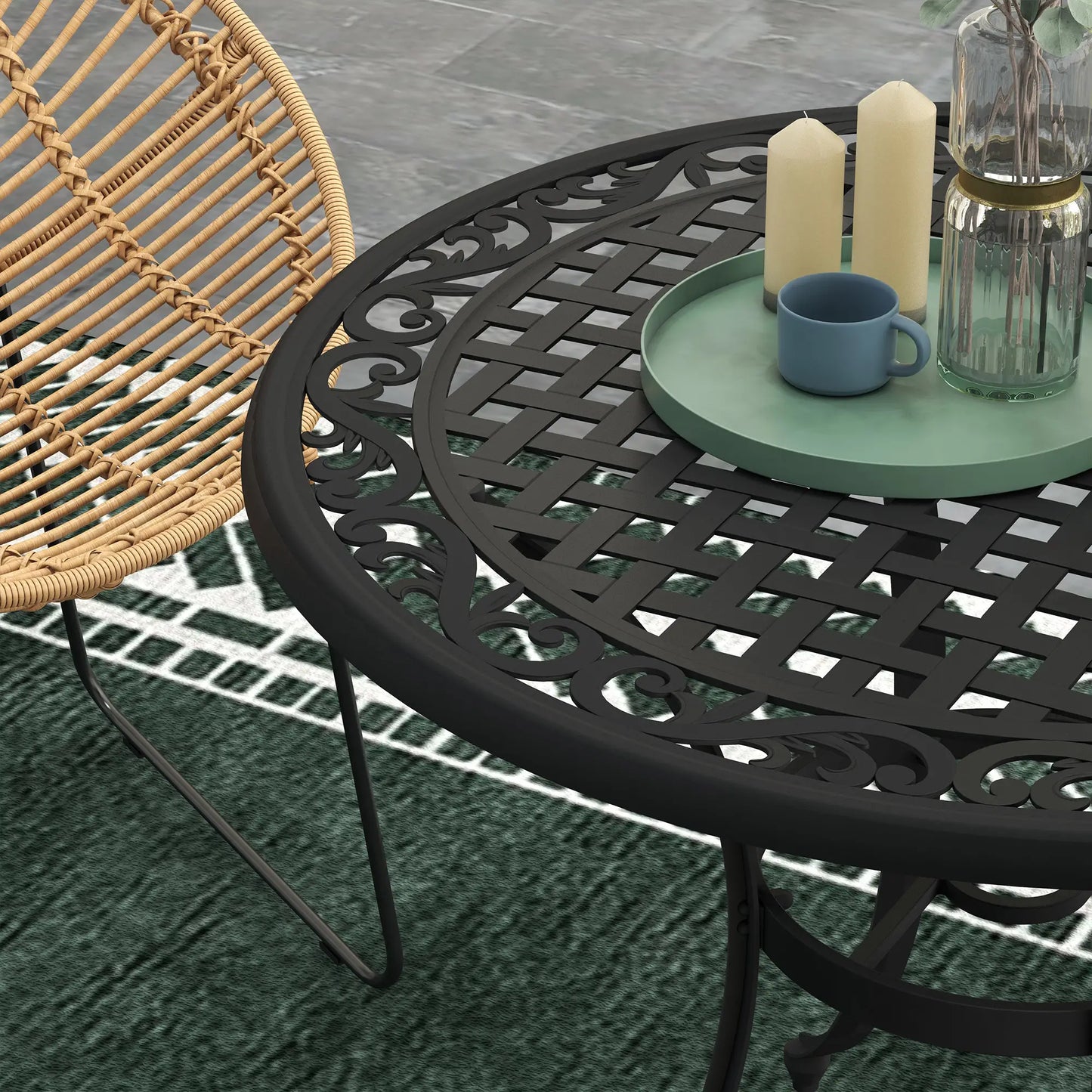 35.5" Round Outdoor Dining Table, Cast Aluminum, Grid Top, Black Patio Dining Tables at Gallery Canada