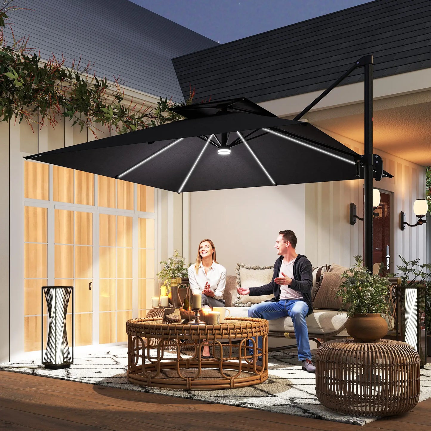 8' Cantilever Patio Umbrella, LED Lights, 360°Rotation, Dark Grey Offset Cantilever Umbrellas at Gallery Canada