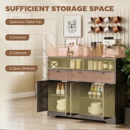 Sideboard Buffet Cabinet, 4 Barn Doors 3 Drawers, Coffee Bar, Adjustable Shelves, Dark Brown Bar Cabinets at Gallery Canada