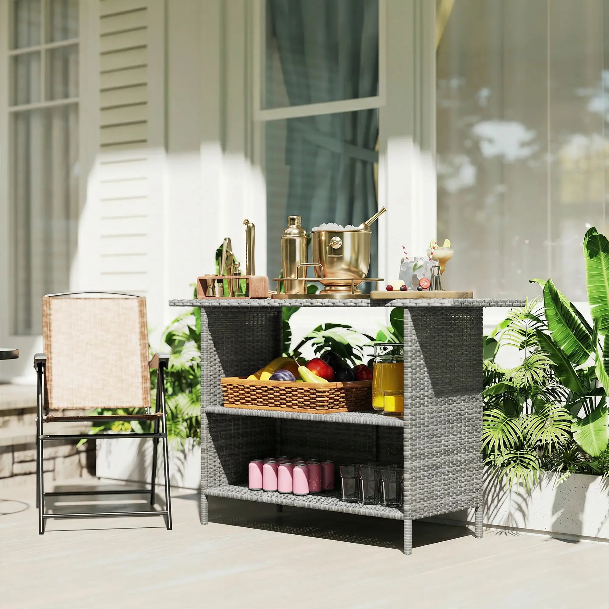 Wicker Outdoor Bar Table, PE Rattan, 2 Shelves, Steel Frame, Dark Grey, Dark Grey Patio Side Tables at Gallery Canada