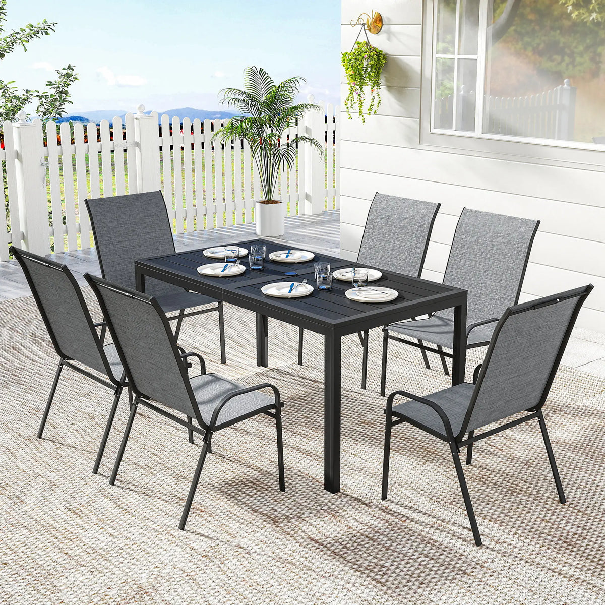 Outdoor Dining Set For 6, Faux Wood Metal Patio Table, Mesh Stackable Chairs, Mixed Grey
