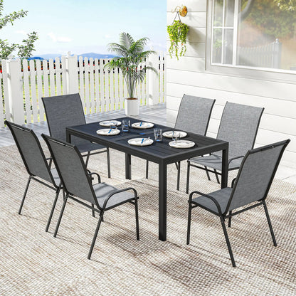 Outdoor Dining Set For 6, Faux Wood Metal Patio Table, Mesh Stackable Chairs, Mixed Grey