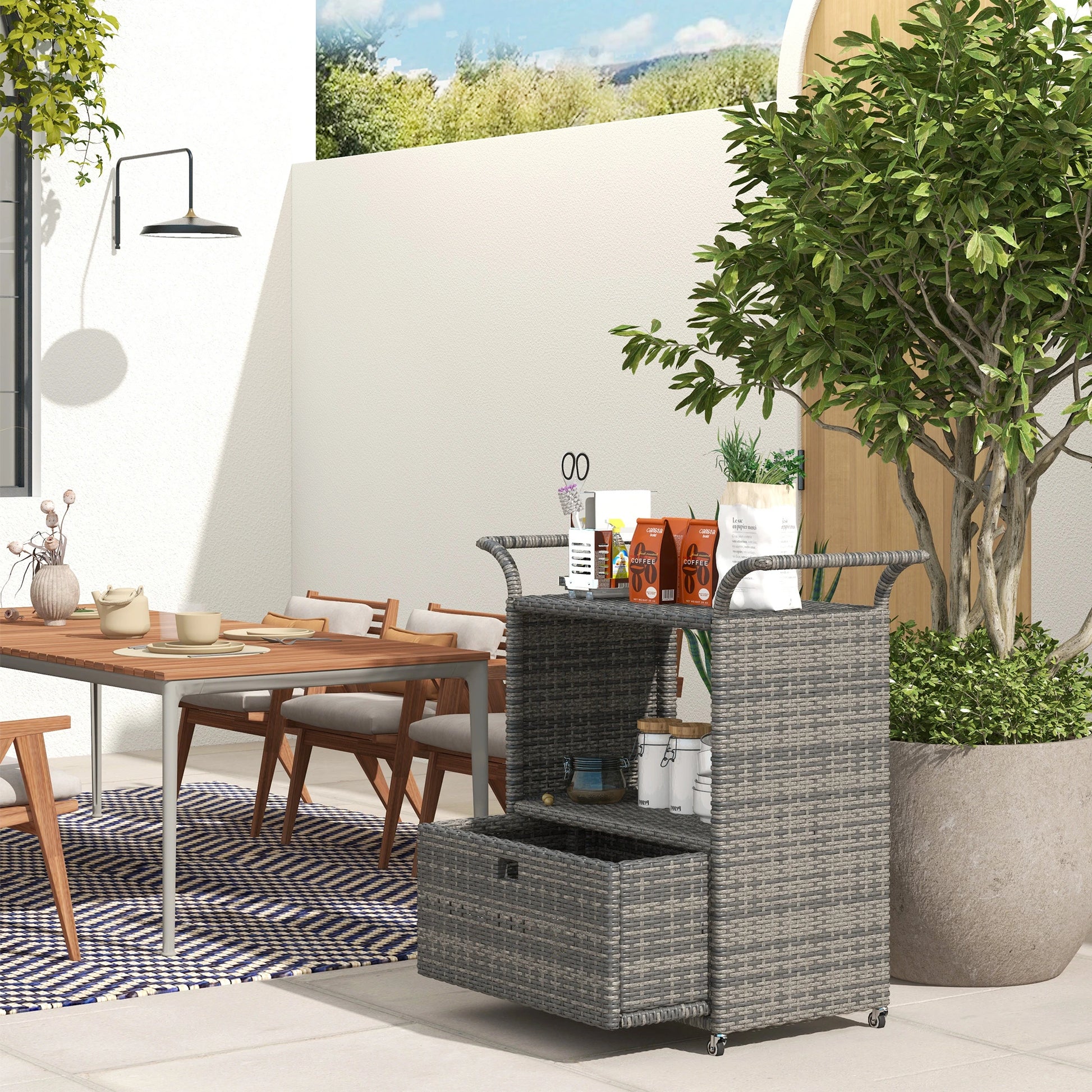 PE Wicker Serving Cart, 2-Tier Shelf, Outdoor Wheeled Rattan Cart, Grey Patio Dinning Tables at Gallery Canada