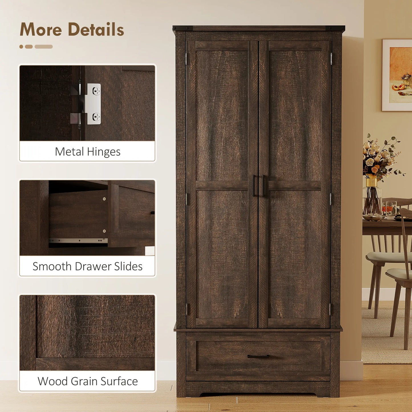 69" Tall Kitchen Pantry Cabinet, 2 Doors, Drawer, Adjustable Shelves, Dark Brown Kitchen Pantry Cabinets at Gallery Canada