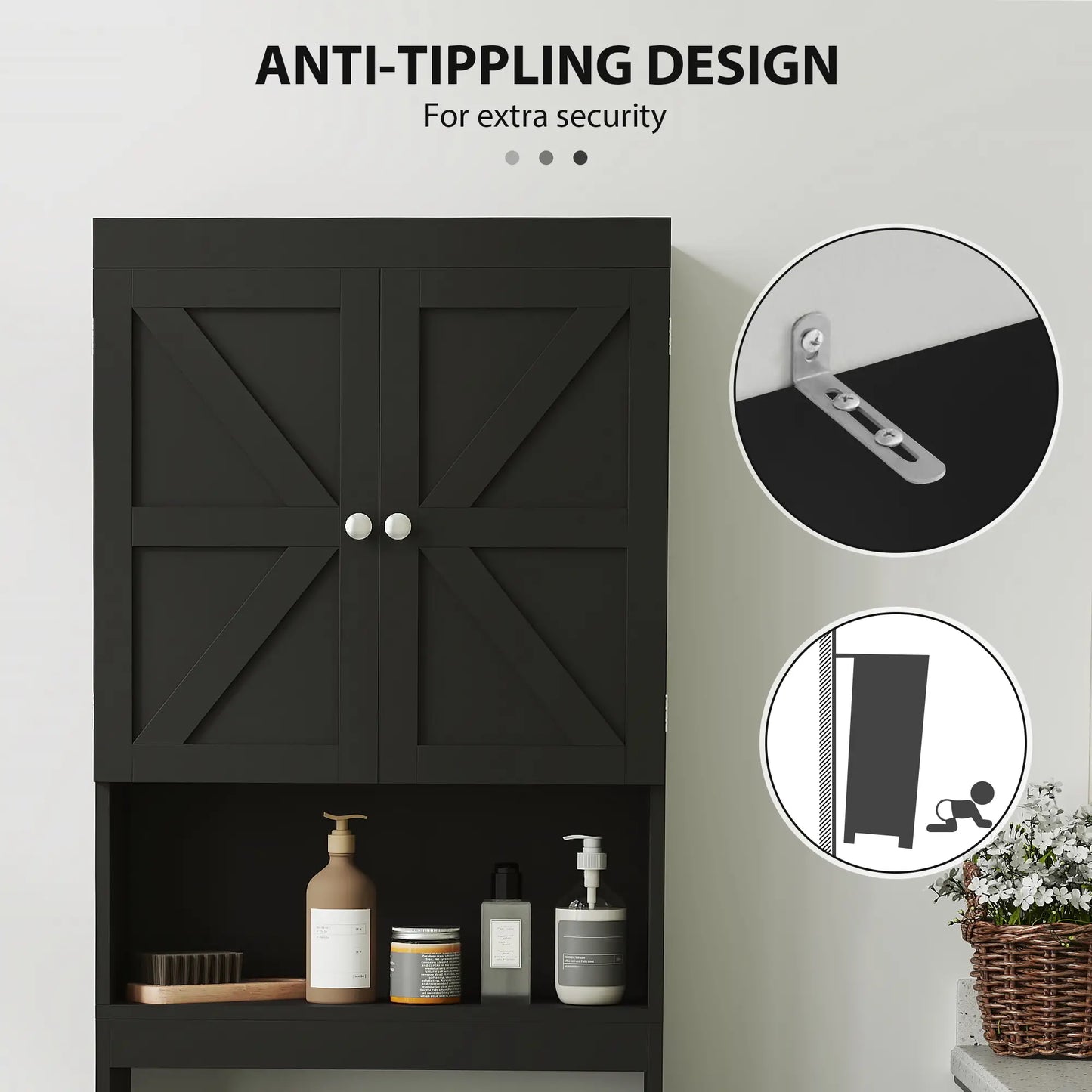 Over Toilet Cabinet, Bathroom Storage with Barn Doors, Open Shelf, Black Bathroom Cabinets at Gallery Canada