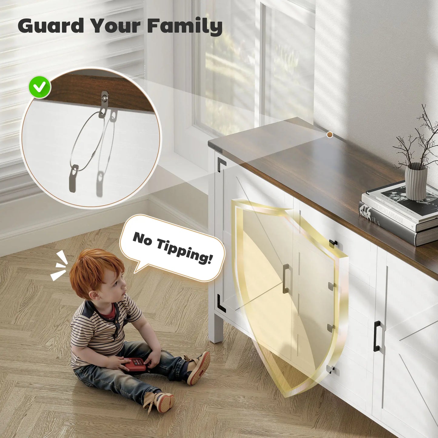 59" Buffet Cabinet, Farmhouse Sideboard, 2 Barn Doors, 4 Drawers, White Storage Cabinets at Gallery Canada