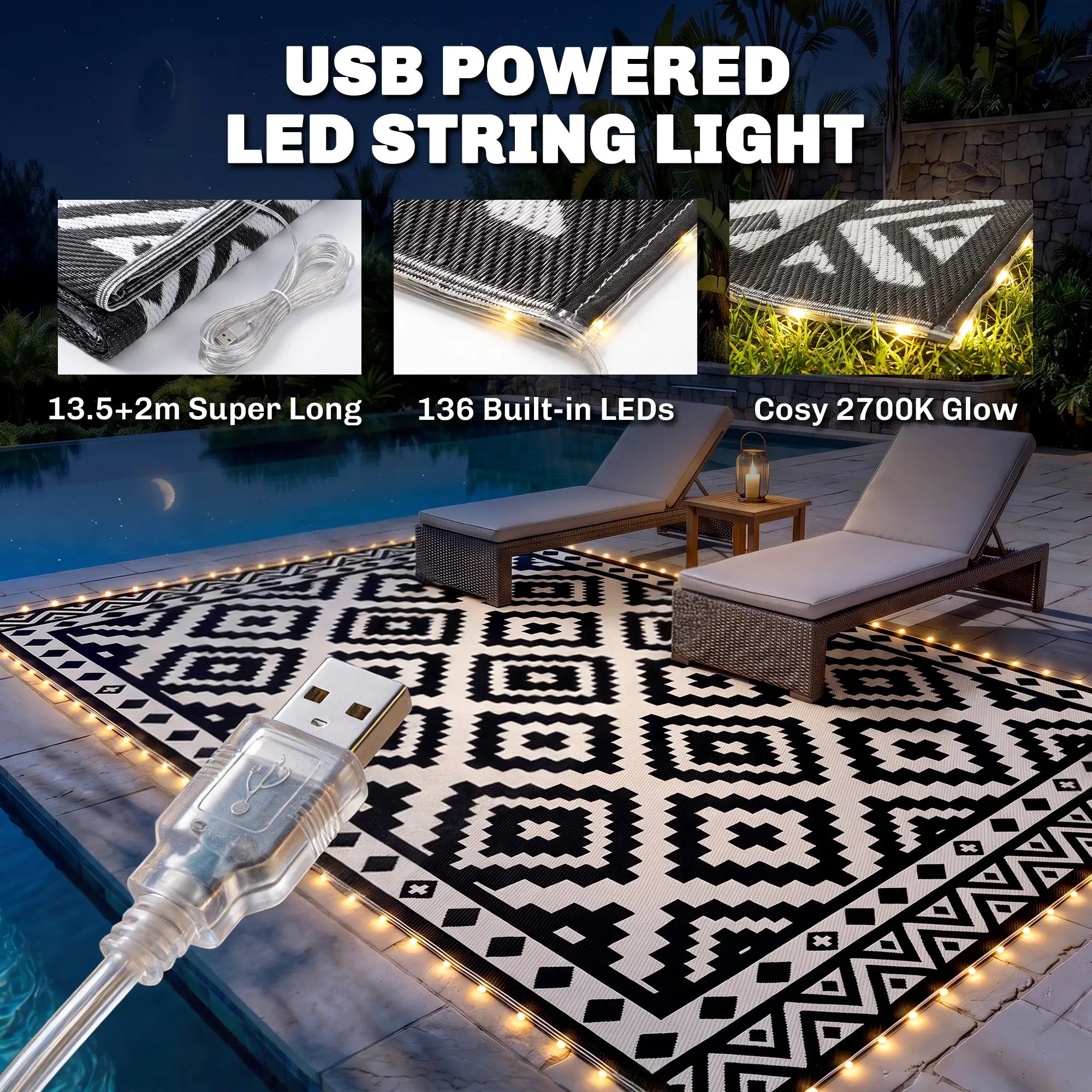 Reversible Plastic Straw Rug, LED Lights, 12' x 9' Outdoor Reversible Rugs at Gallery Canada