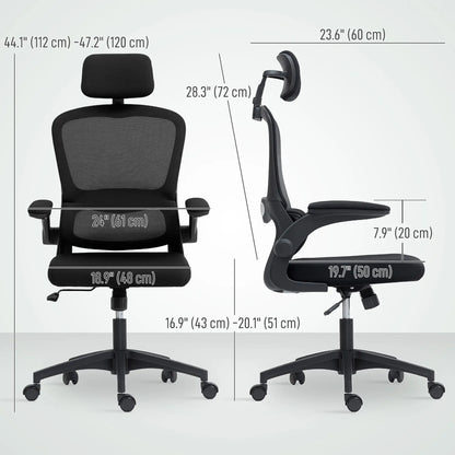 Ergonomic Mesh Office Chair, High Back, Rotatable Headrest, Flip Up Armrests, Lumbar Support, Black Task Chairs at Gallery Canada