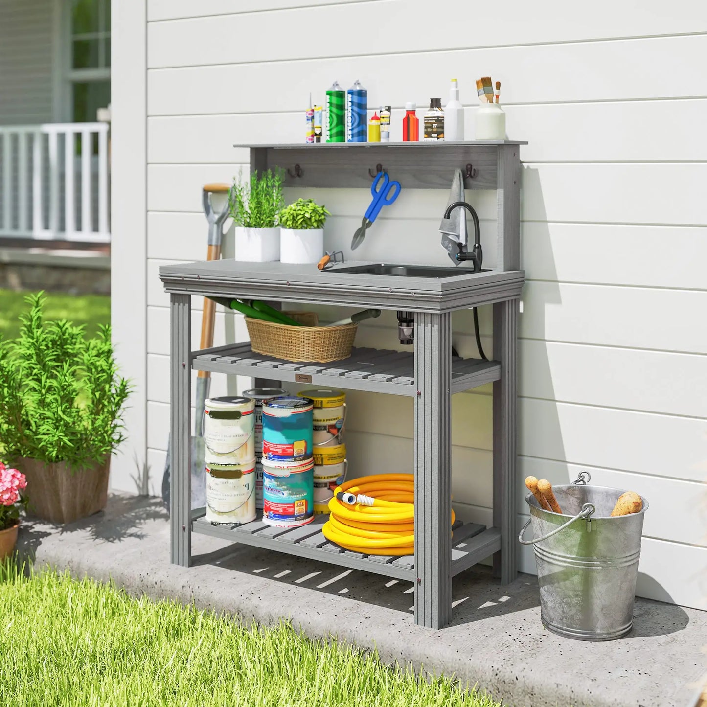 Outdoor Potting Bench With Faucet, Removable Sink, Hooks, Storage Shelves, Grey Potting Benches & Tables at Gallery Canada