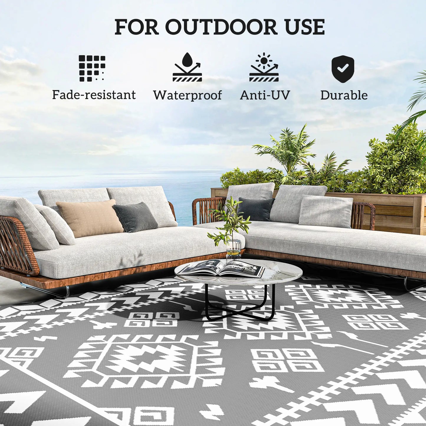 9' x 12' Outdoor RV Rug, Reversible Patio Mat, White and Grey Garden Decor at Gallery Canada