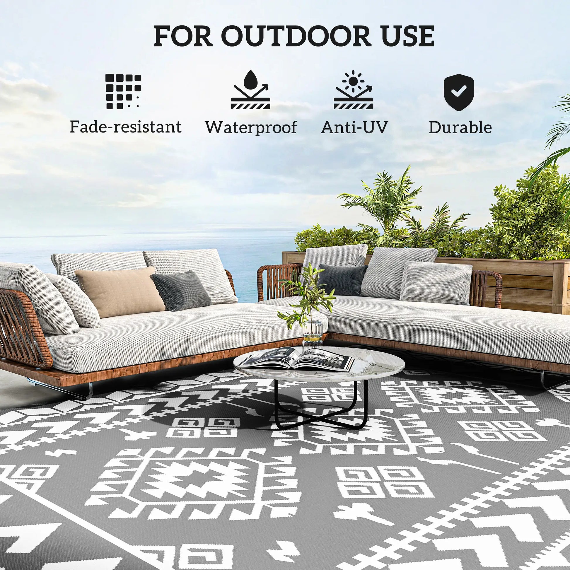 9' x 12' Outdoor RV Rug, Reversible Patio Mat, White and Grey Garden Decor at Gallery Canada