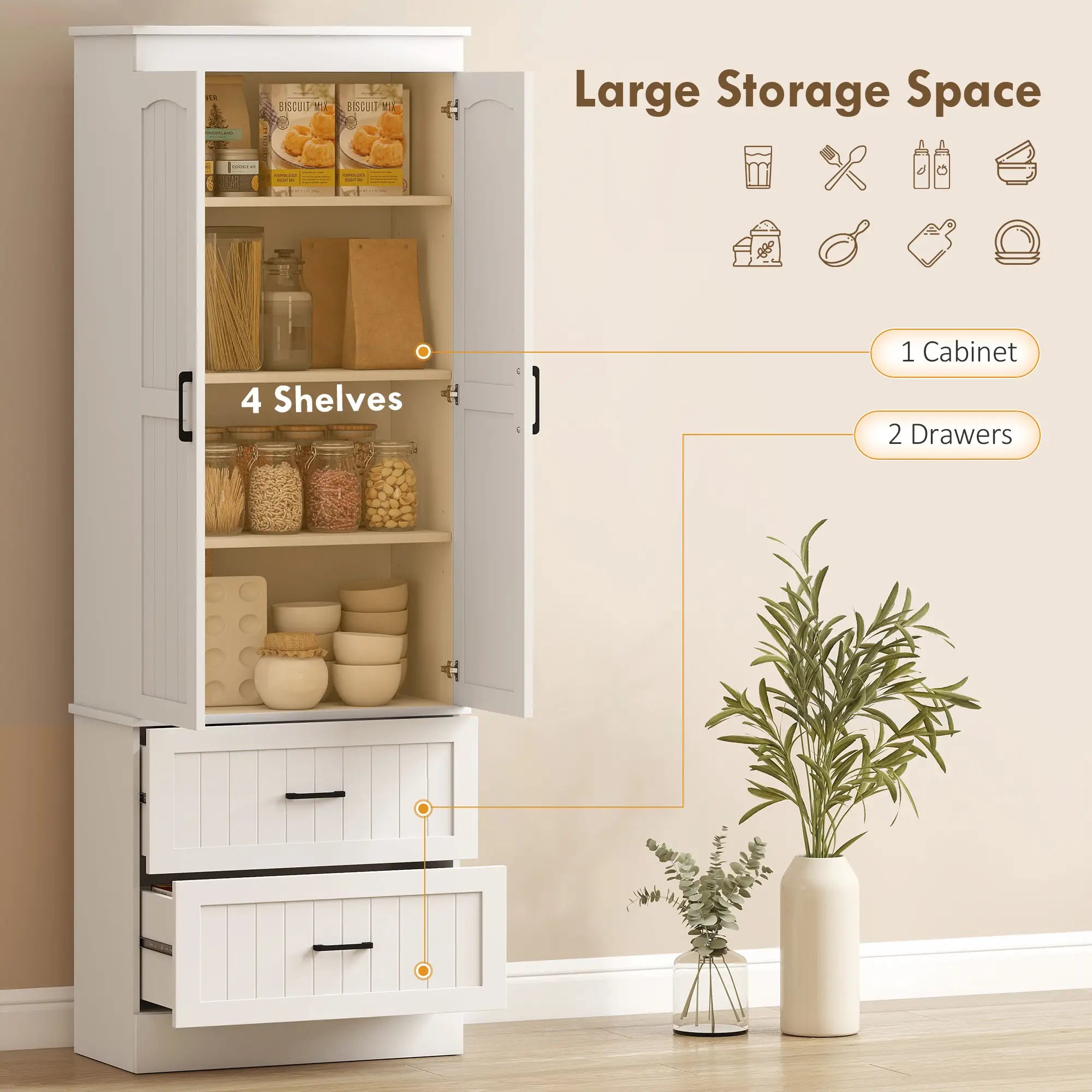Tall Pantry Cabinet, 67 Inch, Adjustable Shelves, 2 Drawers, White Kitchen Pantry Cabinets at Gallery Canada
