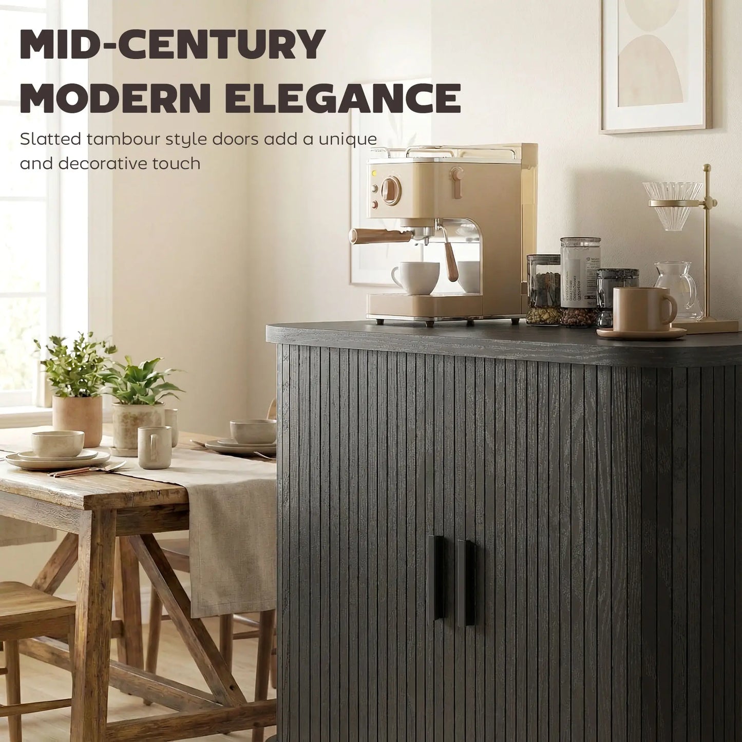 35.4" Sideboard Buffet Cabinet, Slatted Tambour Doors, Metal Legs, Black Storage Cabinets at Gallery Canada