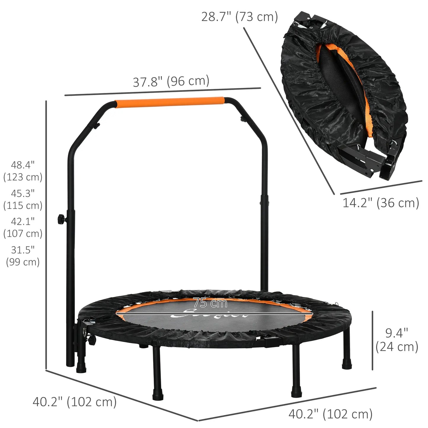 40" Foldable Mini Trampoline, Adjustable Foam Handle, Orange Trampolines at Gallery Canada