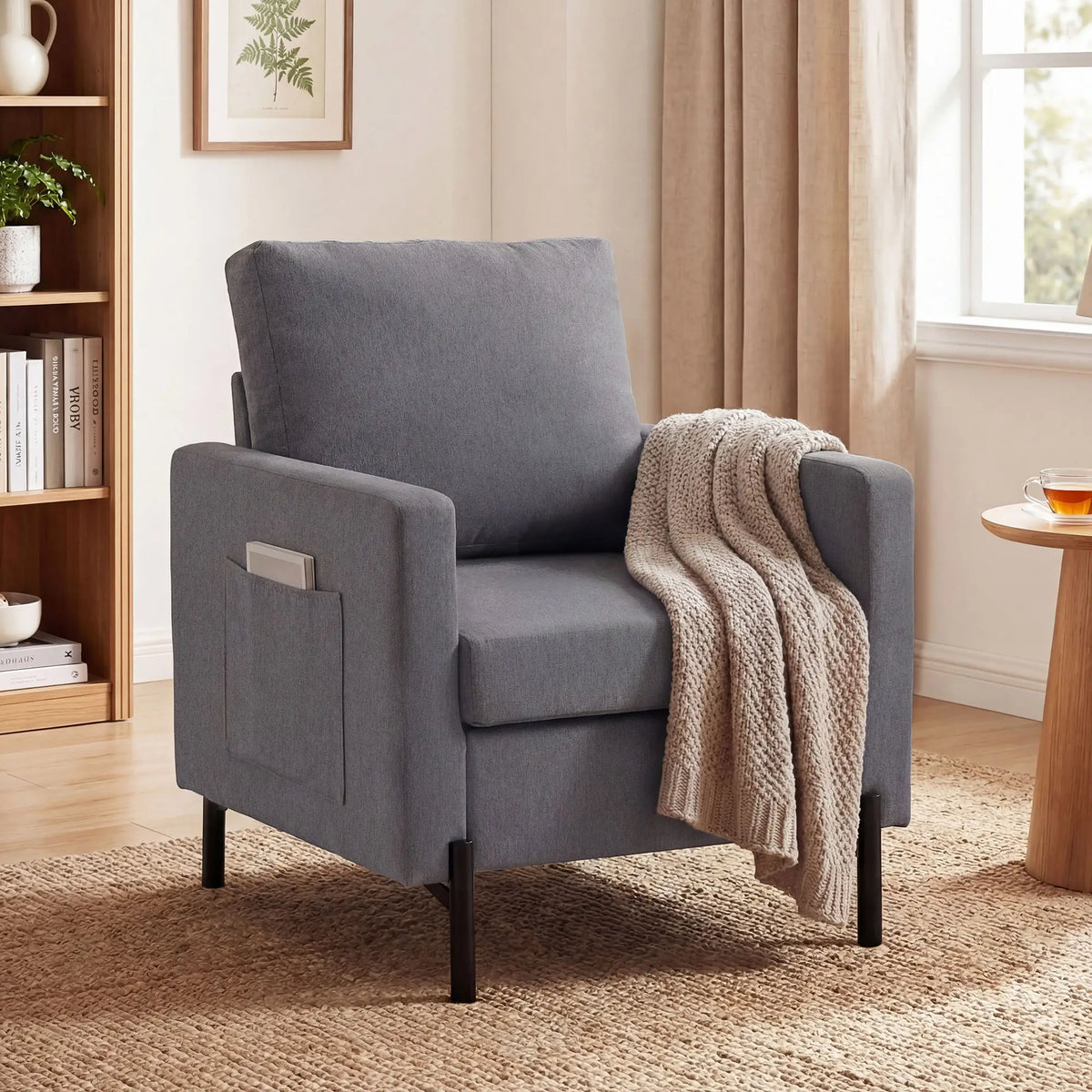 Modern Upholstered Armchair With Side Pockets, Cushion, Dark Grey Accent Chairs at Gallery Canada