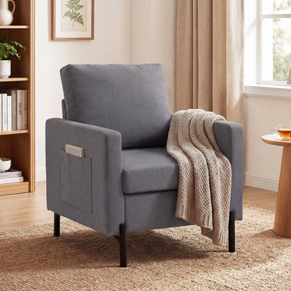 Modern Upholstered Armchair With Side Pockets, Cushion, Dark Grey Accent Chairs at Gallery Canada