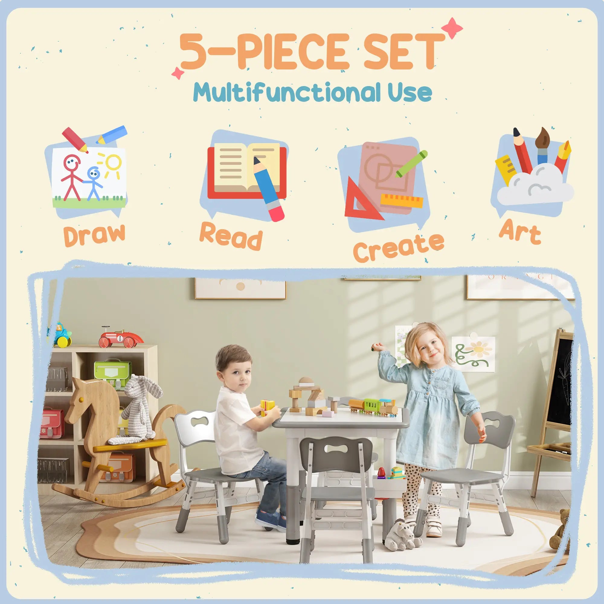 5 Pcs Toddler Table and Chair Set, Adjustable Height, Grey Kids Table Sets at Gallery Canada