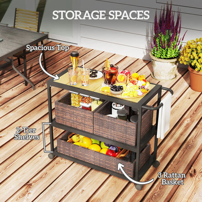 Outdoor Bar Cart, 3-Tier Rolling Cart With Removable Rattan Basket, Mixed-Brown Outdoor Grill Carts at Gallery Canada