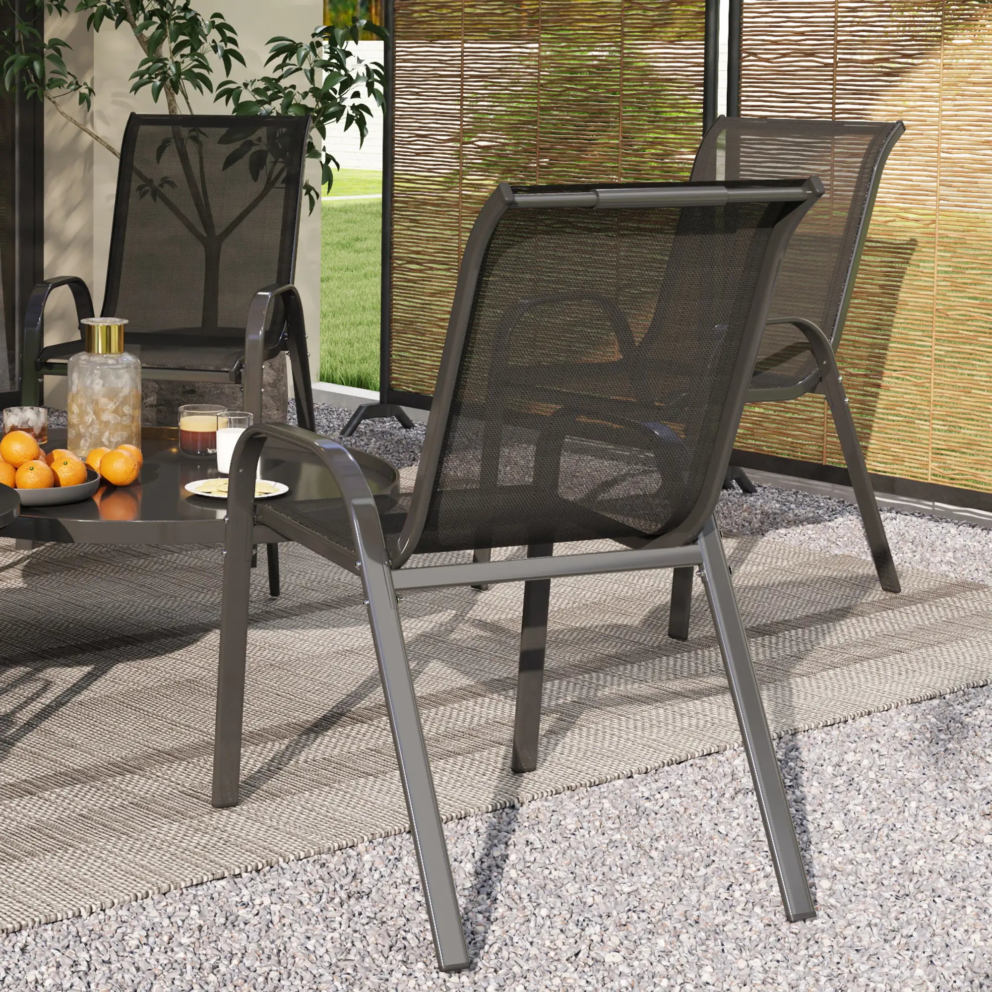 Set of 4 Stackable Outdoor Dining Chairs, High Back, Breathable Mesh Seat, Black Outdoor Dining Sets at Gallery Canada