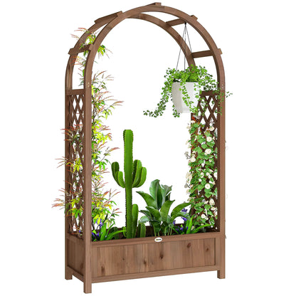 Lit de Jardin Surélevé avec Arche Treillis, Bac à Plantes, Effet Bois Brun Foncé, Brun Foncé