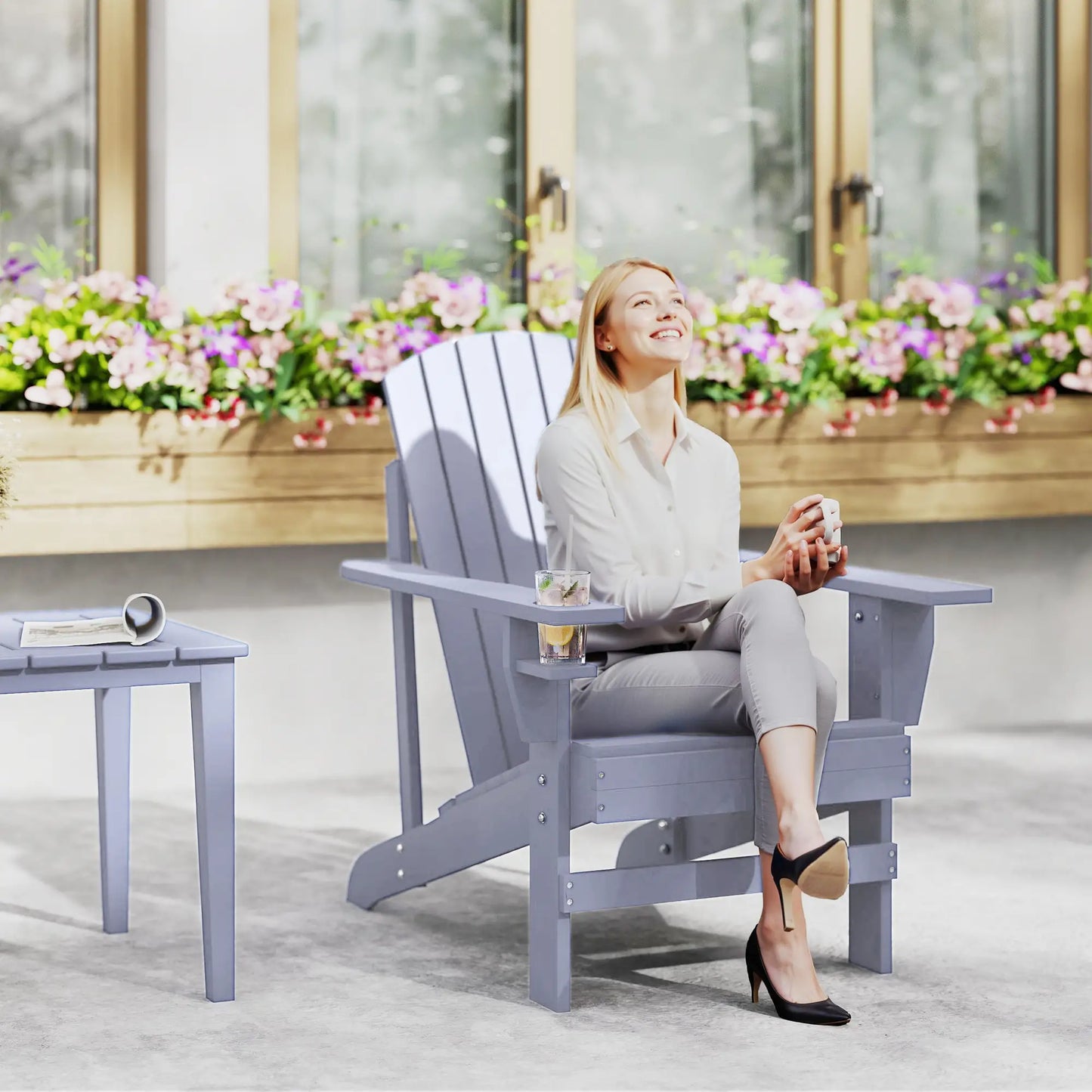 Classic Adirondack Chair, Garden Deck Chair with Cup Holder, Grey Patio Chairs at Gallery Canada