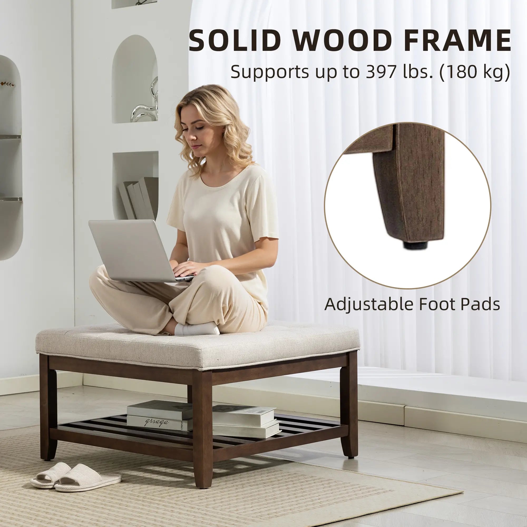 32 Inch Ottoman Coffee Table, Beige Linen Upholstered Storage Footstool, Beige Coffee Tables at Gallery Canada