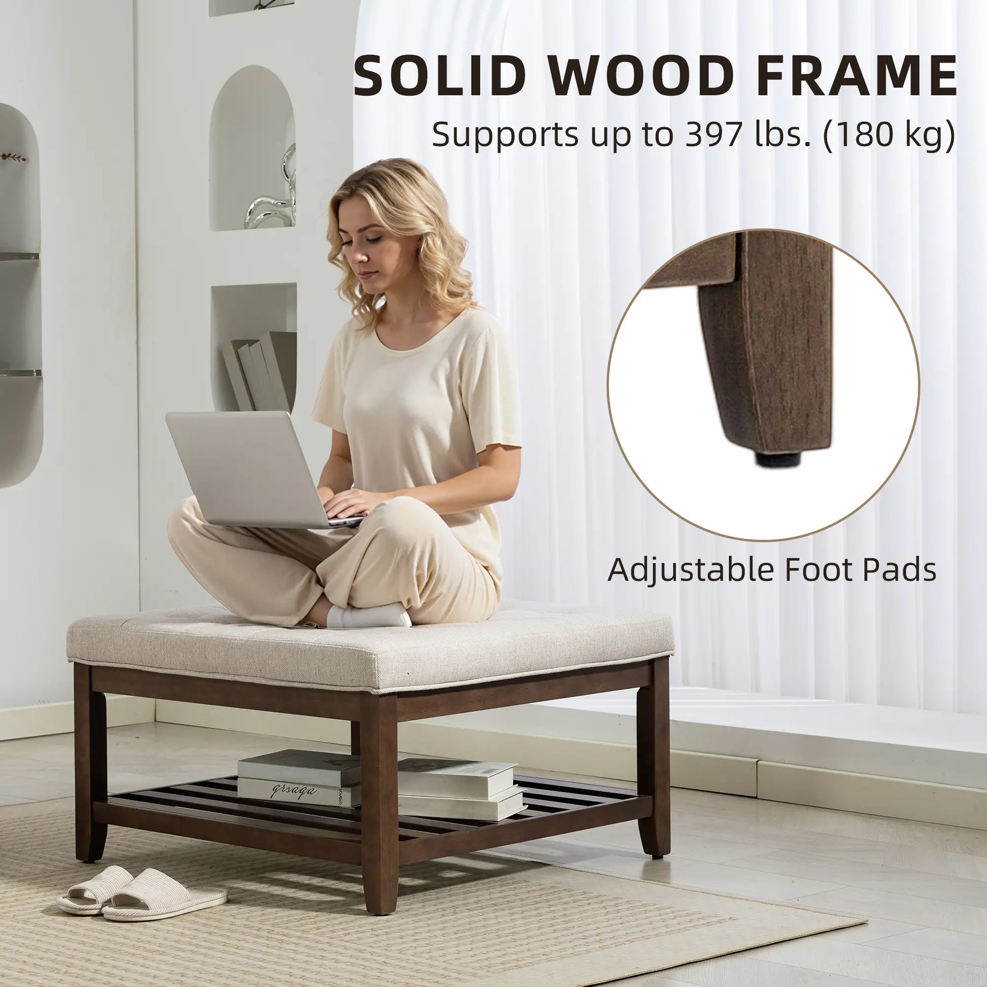 32 Inch Ottoman Coffee Table, Beige Linen Upholstered Storage Footstool, Beige Coffee Tables at Gallery Canada