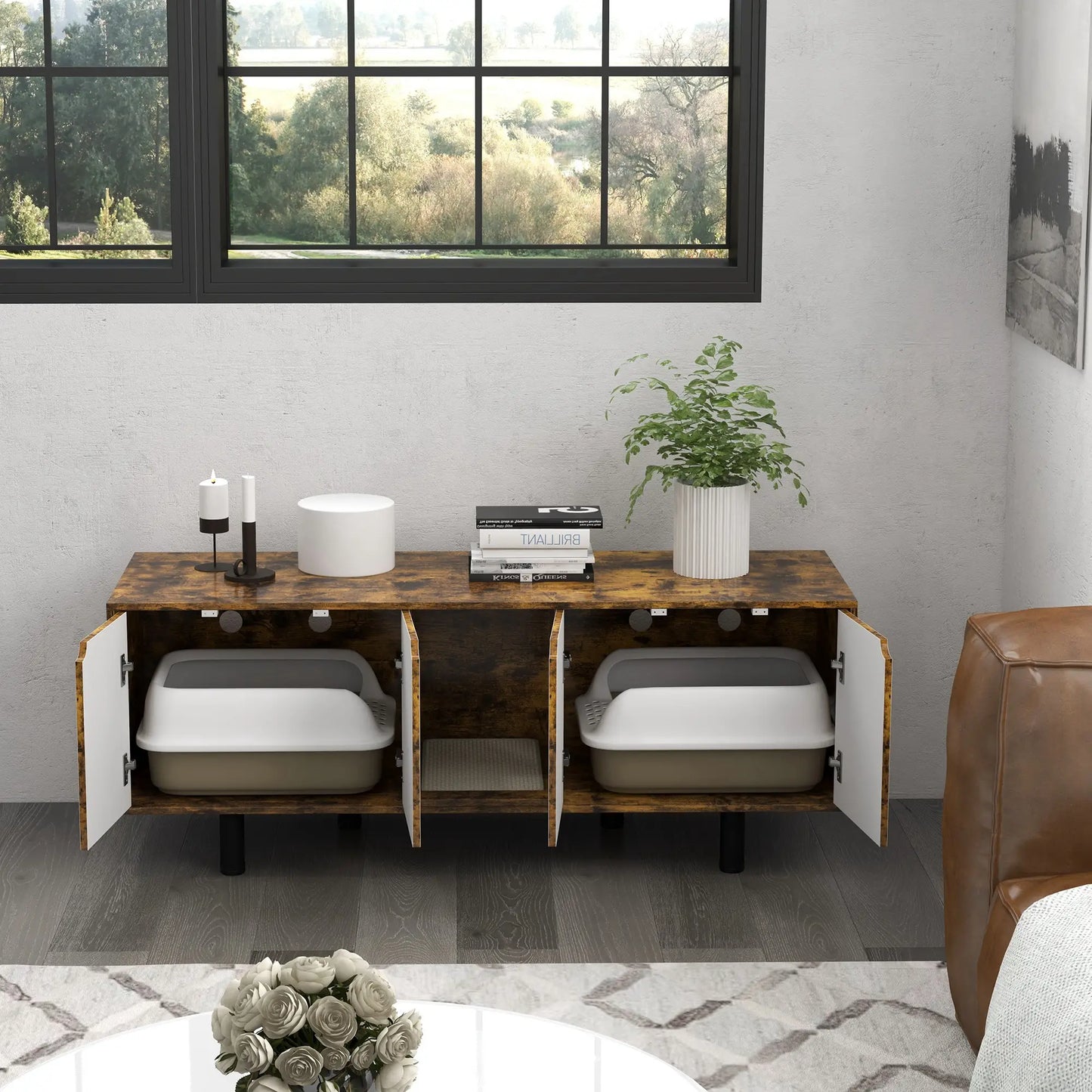 Hidden Cat Litter Box Enclosure, 2 Cabinets, Double Doors, Sand Drain Pad, Rustic Brown Cat Litter Box Enclosures at Gallery Canada