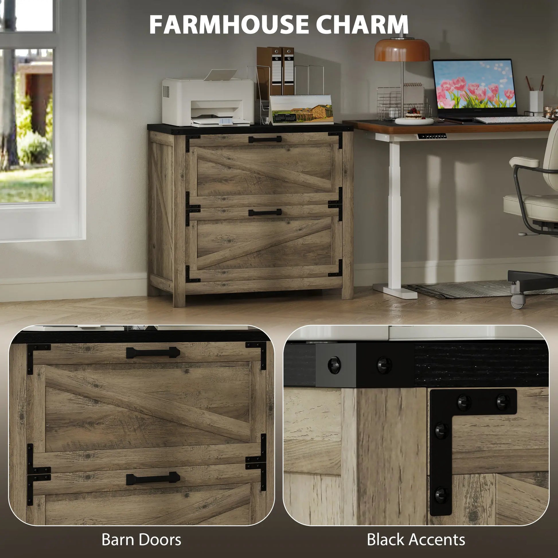 2 Drawer Filing Cabinet, Farmhouse Office Storage, Adjustable Hanging Bars, Letter, A4, Legal Size, Grey Office Cabinets & Cupboards at Gallery Canada